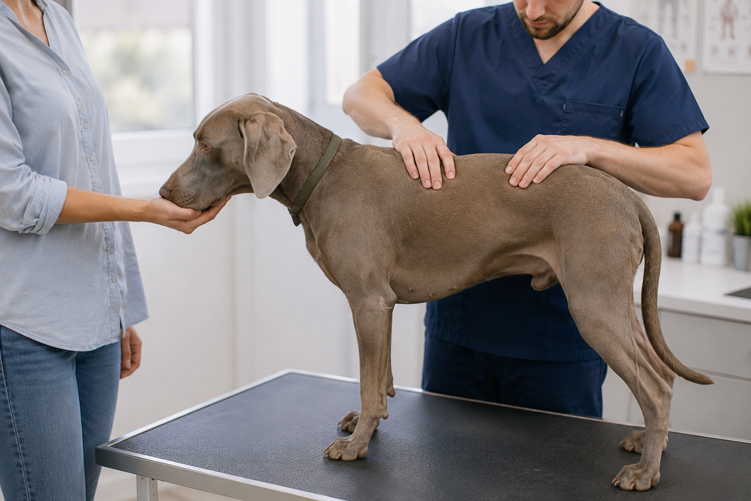 Veterinář šetrně vyšetřuje záda výmarského ohaře v ordinaci